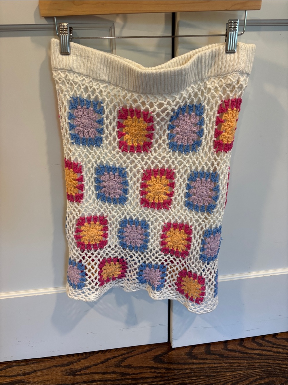 Crochet Midi Skirt in White with Pink, Blue and Mustard Motifs